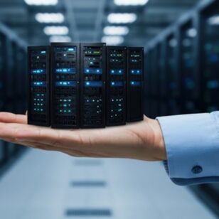 Close-up studio shot conveys a person holding small computer servers in their outstretched palm, symbolizing technology management and data solutions. The cool-toned palette with blue hues against the dark servers suggests a professional and modern environment. The low-angle shot and blurred background of the server room emphasize the server in focus. The imagery is well-suited for technology companies, IT consulting, data service provider, cloud service providers, or hardware solutions. Perfect for illustrating information technology, infrastructure, connectivity, and digital solutions, in the world of technology and server solutions.