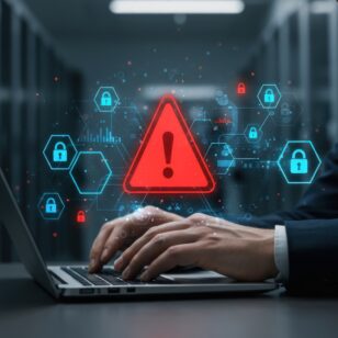 A man in a suit is seated at a laptop, fingers poised over the keyboard, set against a backdrop of a server room. Overlaying the scene are digital icons representing network security and potential data breaches, with a prominent red warning triangle. The scene is well-lit, focusing on the visual tension between human action and digital threat. This image may be useful in editorial contexts related to cyber security, data protection, or business technology, as well as in marketing materials concerning risk management or security solutions.