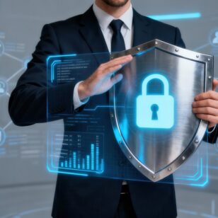 Man in a suit displays a digital shield, signifying strong cybersecurity and modern technology. Overlaid on the image are various data interface graphics, creating a composite image.  The concept is of advanced security, a modern businessman protecting digital data, and an innovative technology.